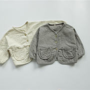 子供の春の綿とリネンのカーディガンコート韓国のボードゆるい形のしわのある生地子供用コート