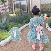 女の子の長袖ドレス かわいい弓 花柄ドレス 人気新作 韓国風子供服