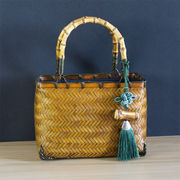 純手作り竹編みバッグ、竹製レディース編みハンドバッグ、ストラップ付き、黄色のスクエアバッグ