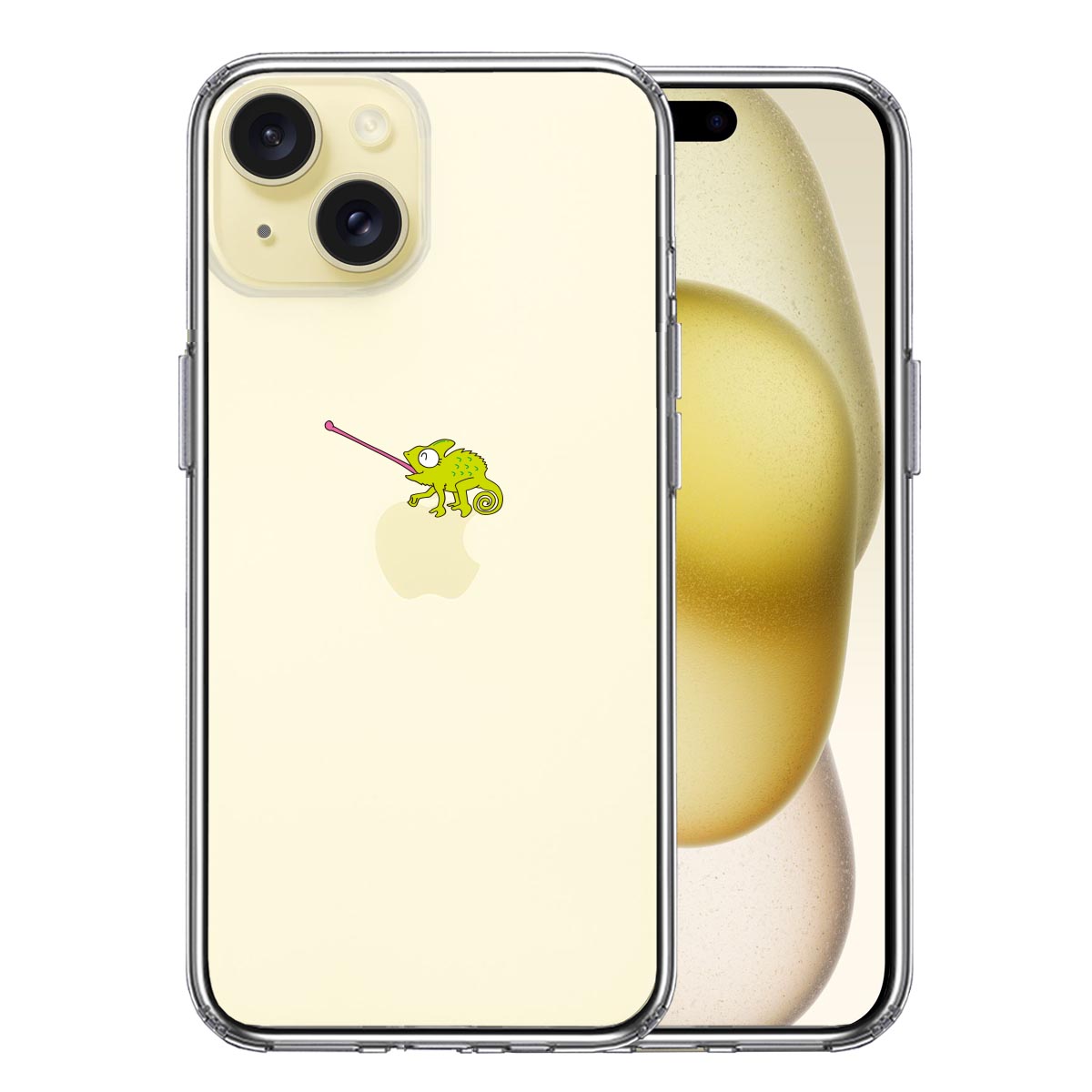 iPhone15 側面ソフト 背面ハード ハイブリッド クリア ケース カメレオン 爬虫類
