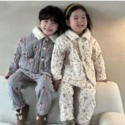冬新作　韓国風子供服   パジャマ  セットアップ  2点セット   コート+ズボン  裹起毛 4色