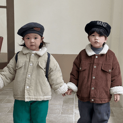 秋冬 ナチュラル系 韓国風子供服 コーデュロイ ジャケット 裏ボア裏起毛 厚手上着 ボア襟 80-150