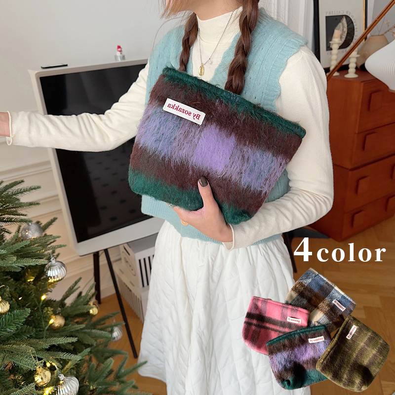 収納ポーチ　化粧バッグ　チェック柄　デザイン　韓国ファッション　秋冬　4colors