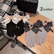 リボン手袋　レディース　チェック柄　韓国ファッション　デザイン　秋冬　全2色
