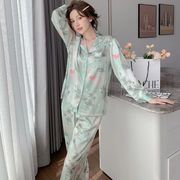 フランス女性用パジャマ 春 長袖  薄手 カーディガン サテン ルームウェアセット