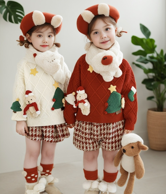 クリスマス新作  韓国風子供服    ニット  セーター   チェック柄   ショートパンツ   スカート
