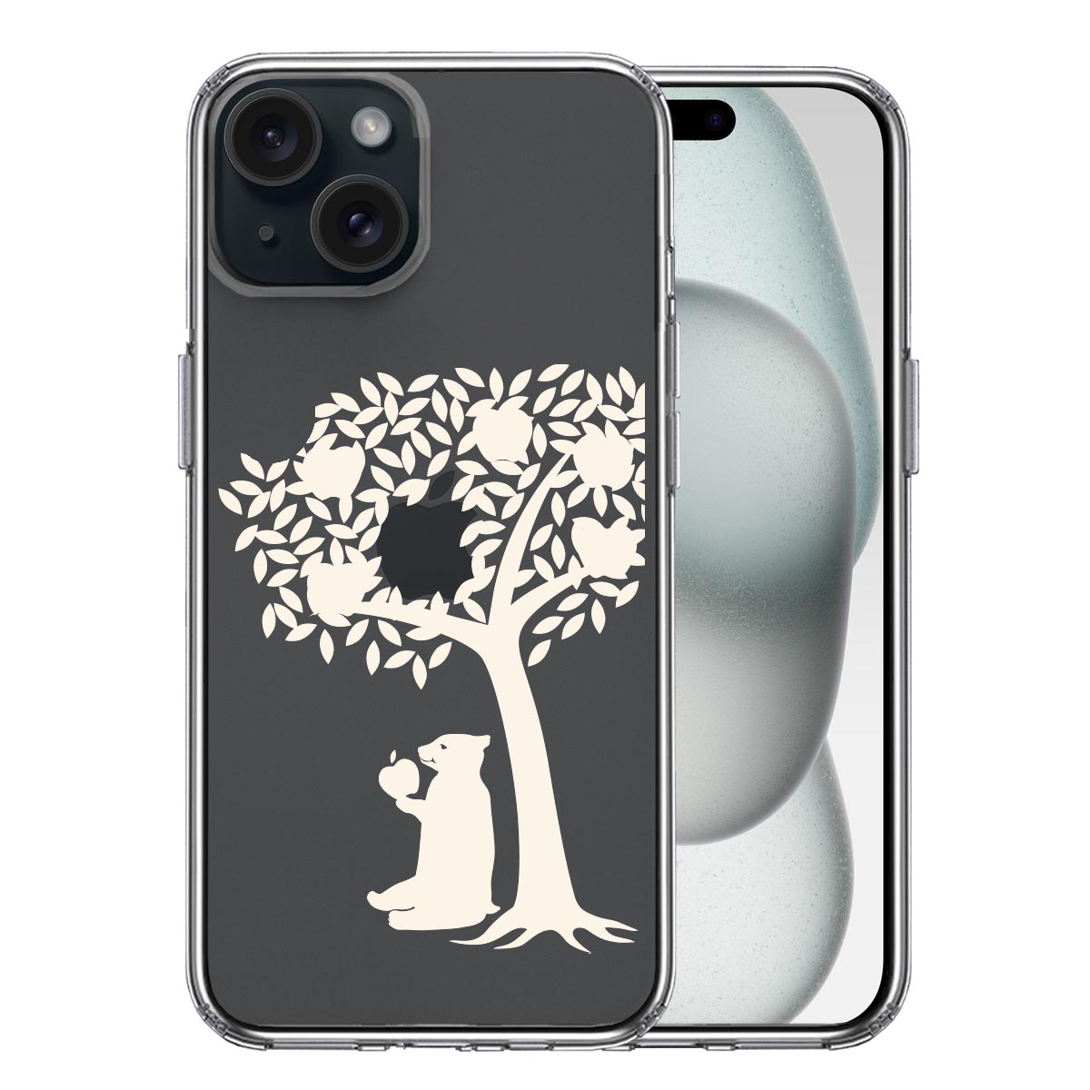 iPhone 15 Plus 側面ソフト 背面ハード ハイブリッド クリア ケース リンゴ食べるクマ ホワイト