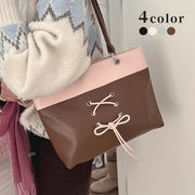 リボントートバッグ　鞄　レディース　バイカラー　韓国ファッション　4colors