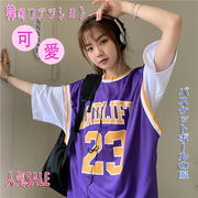 夏のバスケットボールユニフォーム偽のツーピース半袖シャツ女性ルーズ韓国スタイル