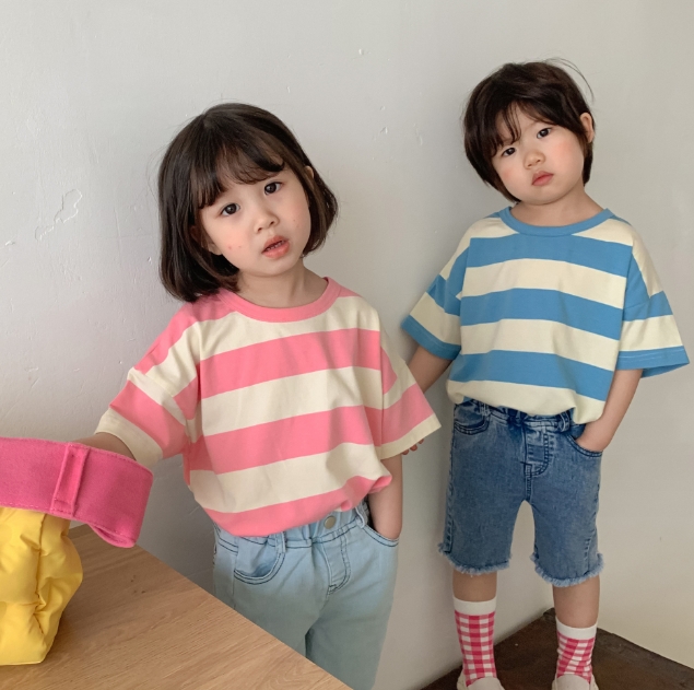 2024夏新作  韓国風子供服  ベビー服  トップス  半袖   Tシャツ  ボーダー柄   2色