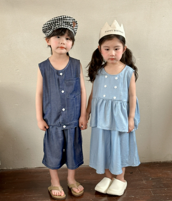 ins 韓国風子供服  ベビー服 偽物のデニムスーツ  ベスト+ロングパンツ  セットアップ  2色