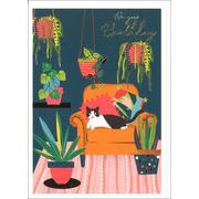 グリーティングカード 誕生日「グリーンと猫のいる部屋」 メッセージカード バースデーカード イラスト