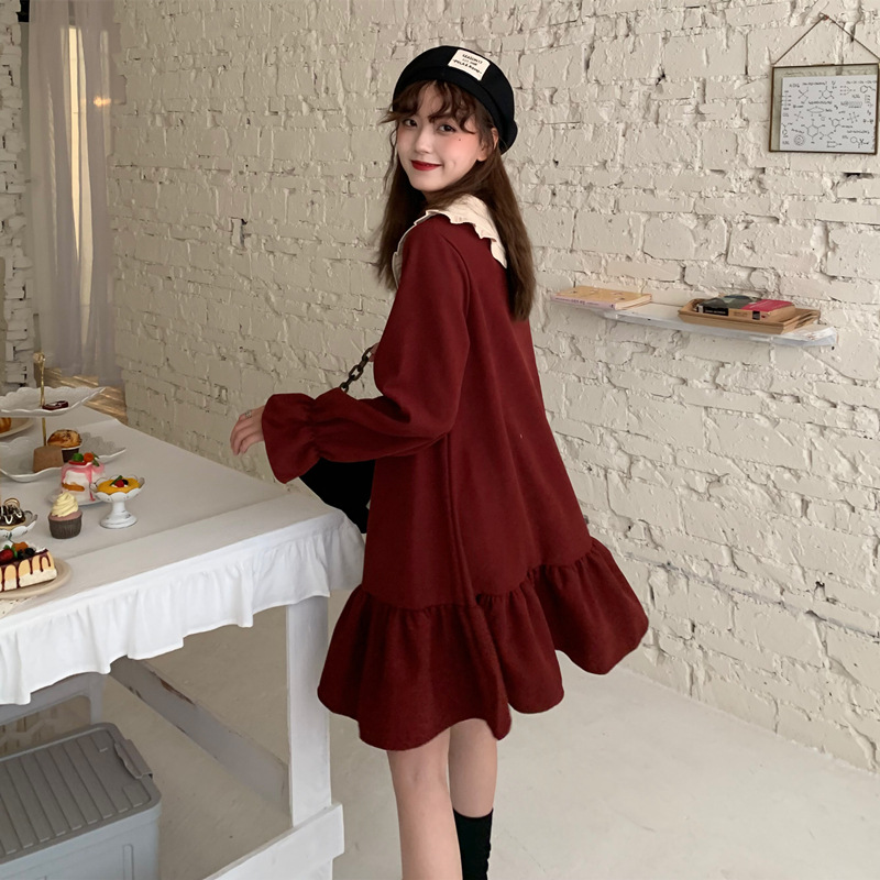 2024新作 レディース ワンピース ロング 長袖 襟付き ワイン