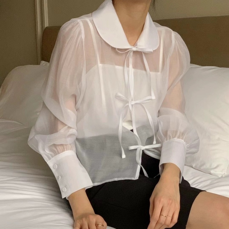【2024夏新作】韓国風レディース服　夏 透明 透けシャツ ブラウス UVカット シンプル リボン カジュアル