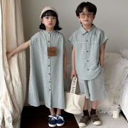 子供服　90~150cm　チェックキッズシャツ＋ワンピース　兄弟お揃い　　韓国キッズ服