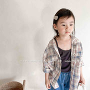 2024年夏の子供服、女の子の韓国風リネンと綿の半袖シャツ、格子縞のコート、日焼け止め服