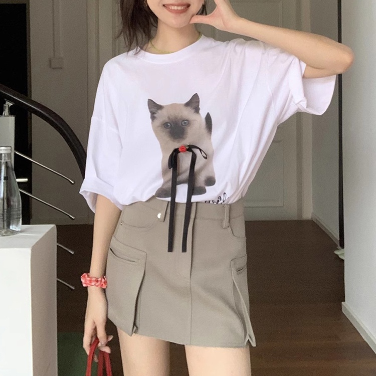トップス　Tシャツ　レディース　個性　韓国ファッション　猫柄　リボン　バレエコア