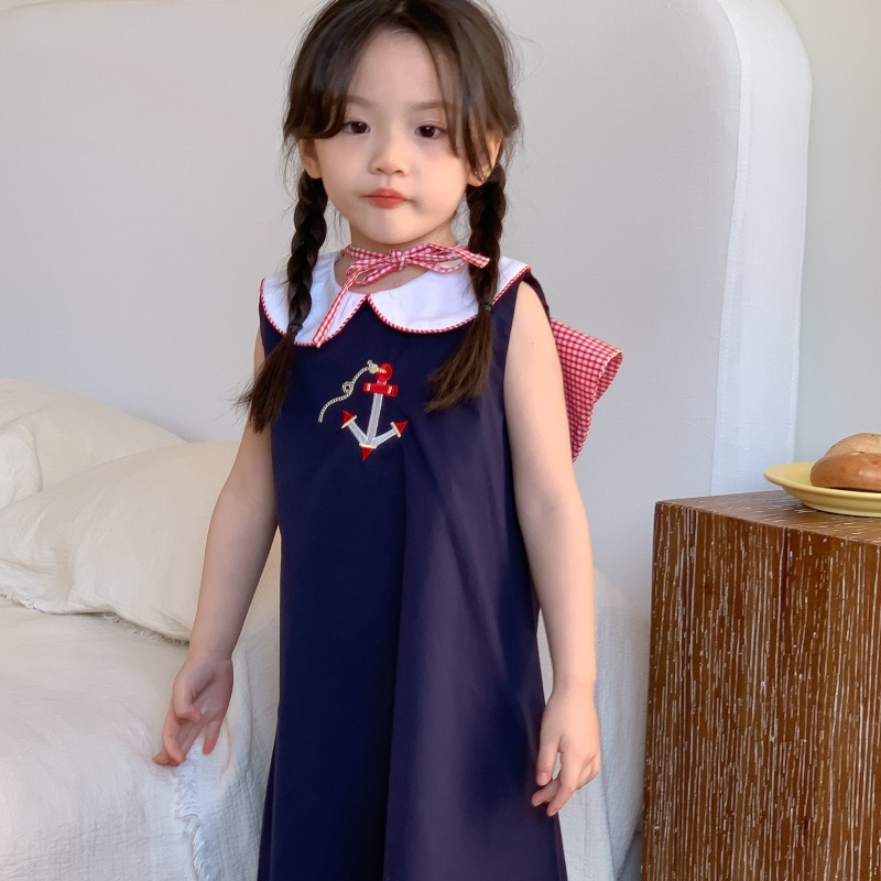 ネイビー ワンピース 韓国子供服  かわいいドレス 子供服 子供夏服  女の子のドレス 刺繍
