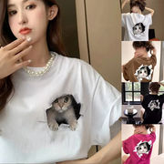 oversized 半袖 猫柄 プリント Tシャツ レディースアパレル 白い 猫トップス 夏服  猫の雑貨 S-2XL