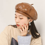 イギリスの文学帽子、PUレザーベレー帽、韓国風ファッション帽子、シンプルでファッショナブルな気質