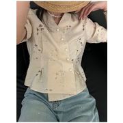 刺繍パフスリーブシャツ女性の半袖2024新しいシャツウエストスリムVネックトップトレンド