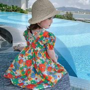 韓国子供服 ワンピース 子供ドレス 花柄 半袖 ベアバック 綿 Aライン プリント 女の子 リゾート