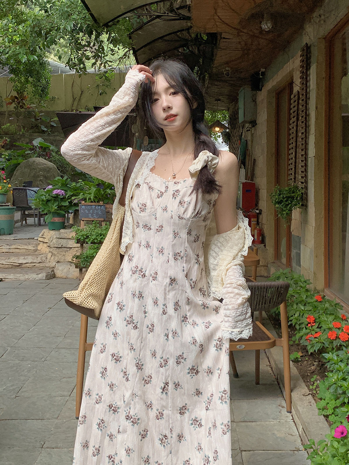 在庫あり韓国版新作春ドレス優しいスタイルロマンチックな花柄サスペンダースカートレースカーディガン9153