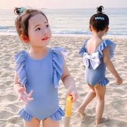 2024年新作女子水着子供用ワンピース無地ボウベビー水着韓国かわいいレース水着