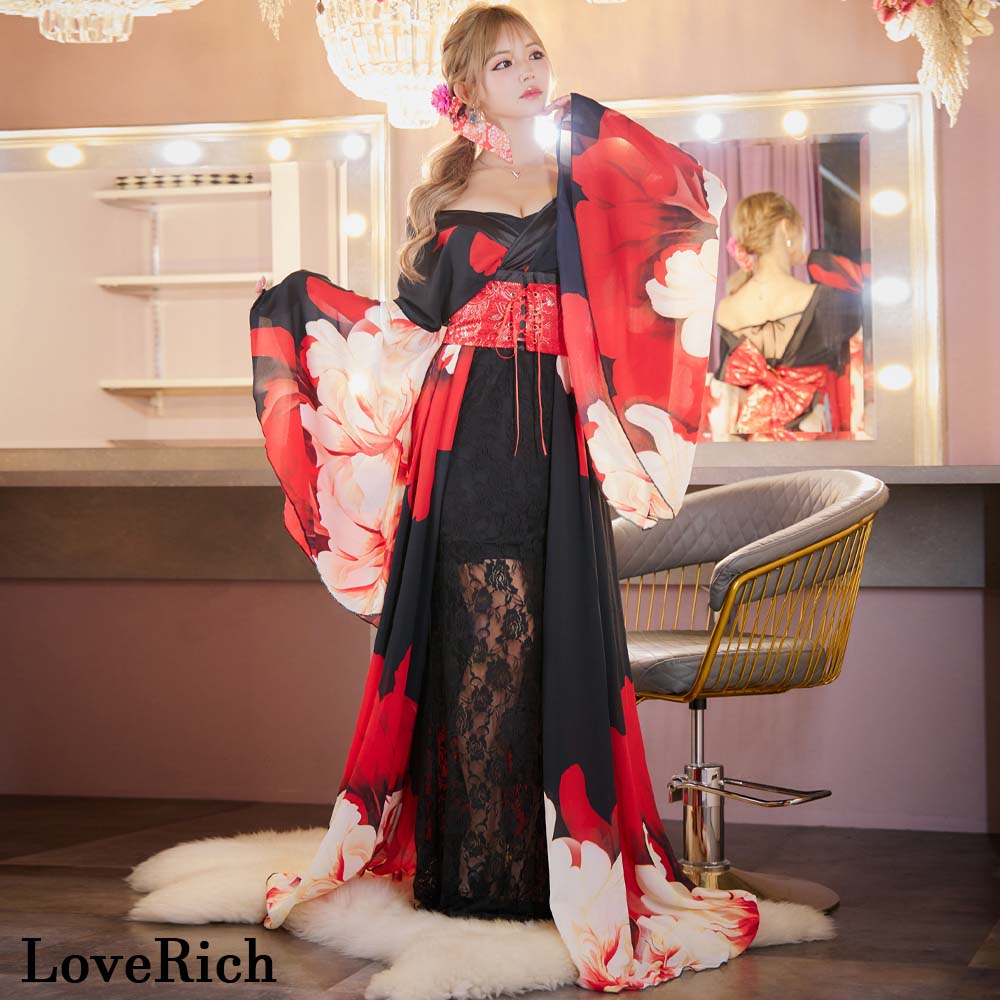 1340シフォン 和柄 コルセット風 レースアップ ロング 花魁 着物  