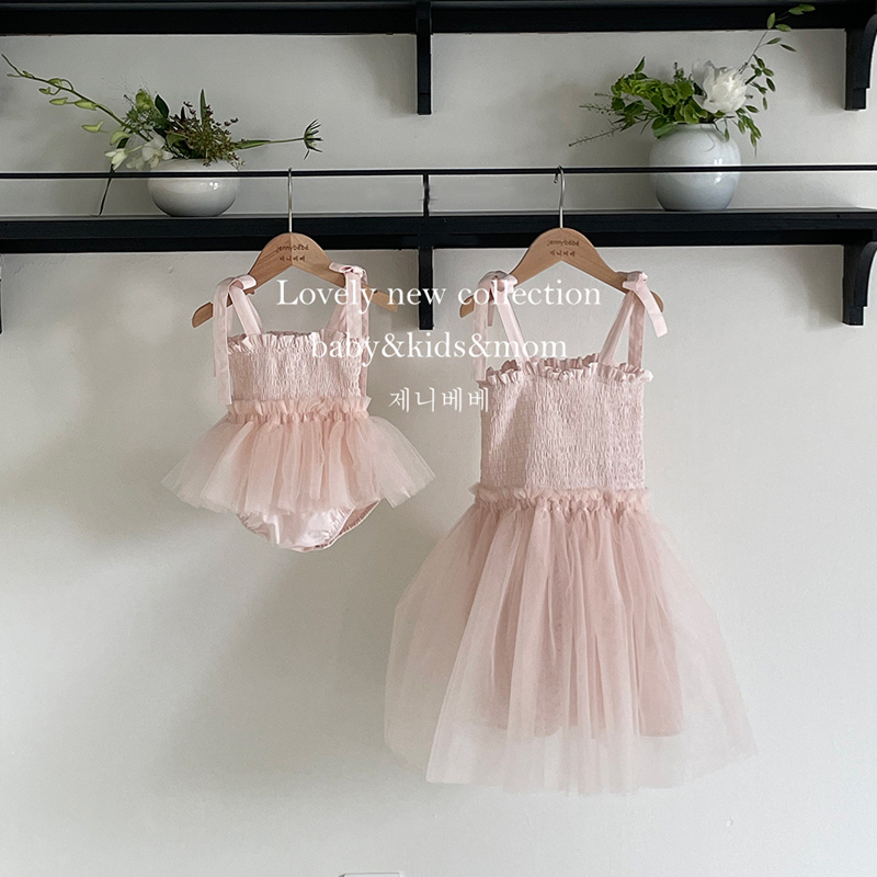 ins夏新作　子供服　姉妹お揃い　選べる2タイプ　チュール　キャミソール　ロンパース　ワンピース　可愛い