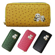 財布 ウォレット 長財布 動物 刺繍 レディース ふくろう オーストリッチ風 ダブルファスナー