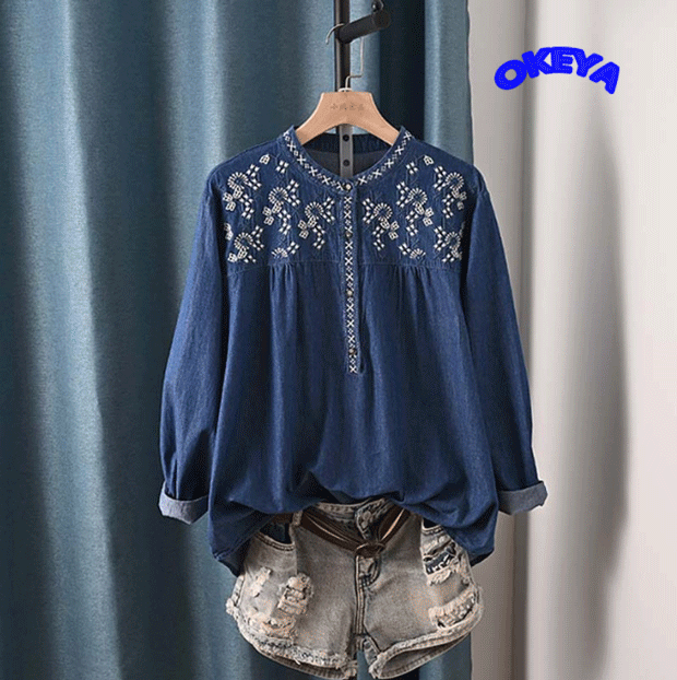 2024年秋新作　レディース服　トップス　シャツ　ブラウス　デニム　長袖　刺繍　日系　可愛い　2色展開
