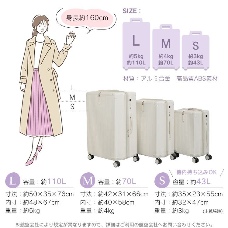 スーツケース SMLサイズ 43L 70L 110L 軽量 静音 多機能 TSA