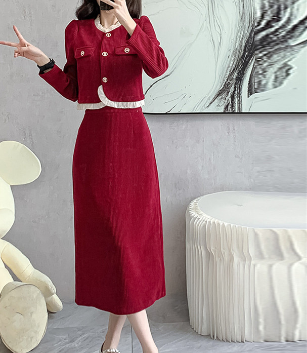 スカート ジャケット 2点セット コーデュロイ ボトムス ロング ウエストゴム 体型カバー レディース 春