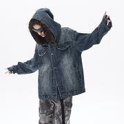 メンズ フード付き デニム ジャケット 男女兼用 ストリート系 アウター  春秋 2025新作★