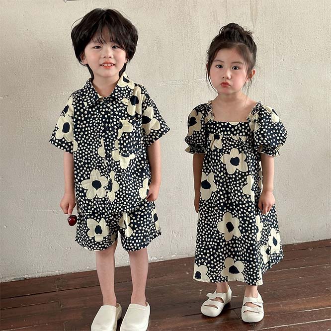 【2024夏姉妹兄弟コーデ】韓国風子供服 ベビー服 ワンピースORシャツ+短パンツ