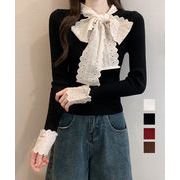 ニットトップス 刺しゅうレース ボウタイ