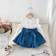FLM☆2025夏新作 女の子レース透かし編み無袖トップスORデニムスカート風ショートパンツ