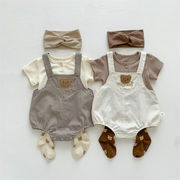 ins　夏新作　ベビー服　セットアップ　半袖シャツ　クマ　サロペットロンパース　子供服　可愛い