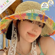 2025夏新作 蝶柄 麦わら帽子 レースリボン付き 草編み 紫外線対策 UVカット