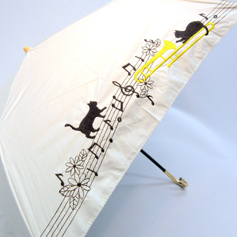 晴雨兼用傘】【折りたたみ傘】音符とトロンボーンと猫刺繍