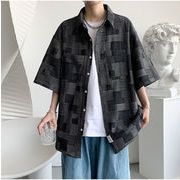 TSHEKチェック柄 半袖デニムシャツ マルチコーデ トレンド レトロウォッシュトップス