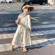 女の子用 夏セットアップ 2025韓国風 ノースリーブレースシャツ＋ワイドパンツ 2点セット