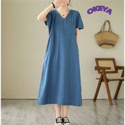 韓国風レディース服　ワンピース　ロングワンピース　Aラインワンピース　デニムワンピース　vネック