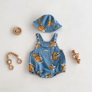 FLM☆夏新作 男の子用 カートゥーンデニム柄サロペット ロンパース 韓国風 新生児用 帽子付き