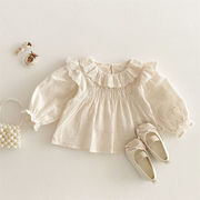 2025秋新作　子供服　女の子　レースドッキング　フラッタースリーブ　長袖　ブラウス　トップス　可愛い