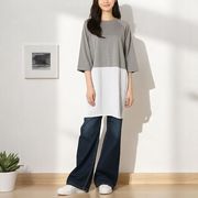 裾プリーツ切り替え　七分袖チュニック