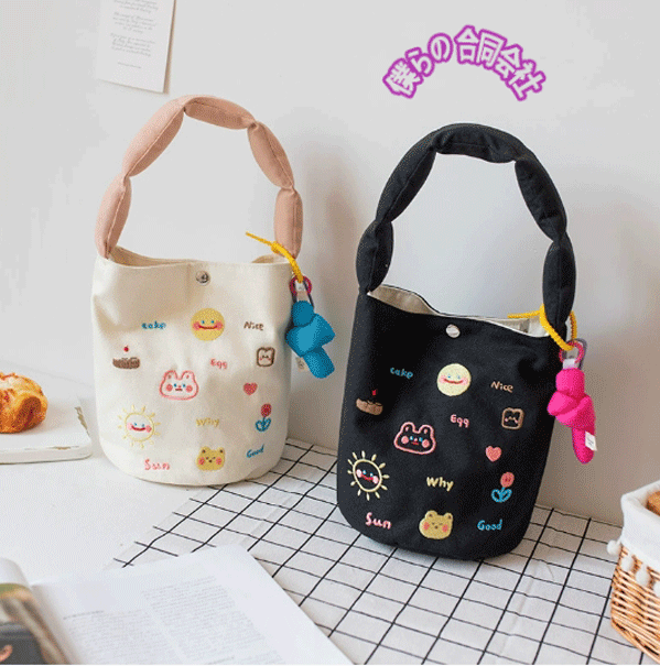 お洒落 ミニトートバッグ 手提げバッグ 刺繍 コンパクト ハンドバッグ 猫柄 韓国 ファッション 6色展開
