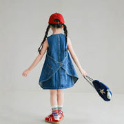 春夏 韓国風子供服 キッズ ガール デニム ノースリーブ シフトドレス ワンピース ワンピ 7-17