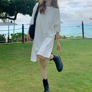 2025春夏レディース服 カジュアル系 無地 半袖ワンピース 韓国風 ゆったり シャツワンピース 4色展開[M~XL]